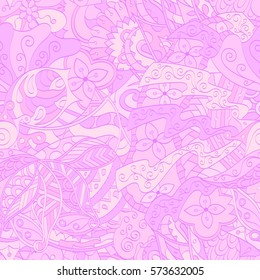 Tracery seamless calming pattern. Mehndi design. Ethnic colorful doodle texture. Curved doodling background. Vector.