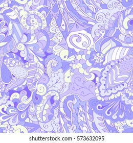 Tracery seamless calming pattern. Mehndi design. Ethnic colorful doodle texture. Curved doodling background. Vector.