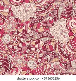 Tracery seamless calming pattern. Mehndi design. Ethnic colorful doodle texture. Curved doodling background. Vector.