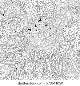 Tracery seamless calming pattern. Mehndi design. Ethnic monochrome binary doodle texture. Curved doodling black and white background. Vector.