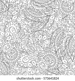 Tracery seamless calming pattern. Mehndi design. Ethnic monochrome binary doodle texture. Curved doodling black and white background. Vector.