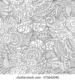 Tracery seamless calming pattern. Mehndi design. Ethnic monochrome binary doodle texture. Curved doodling black and white background. Vector.