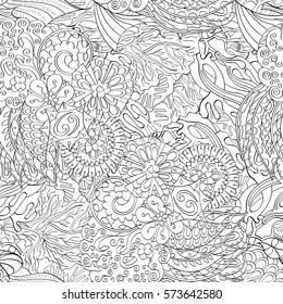 Tracery seamless calming pattern. Mehndi design. Ethnic monochrome binary doodle texture. Curved doodling black and white background. Vector.