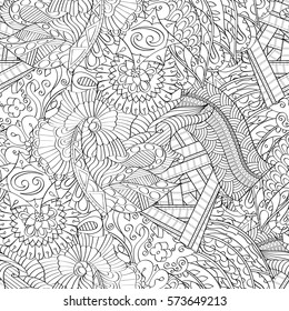 Tracery seamless calming pattern. Mehndi design. Ethnic monochrome binary doodle texture. Curved doodling black and white background. Vector.