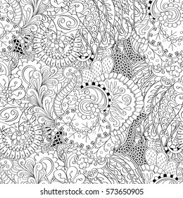 Tracery seamless calming pattern. Mehndi design. Ethnic monochrome binary doodle texture. Curved doodling black and white background. Vector.