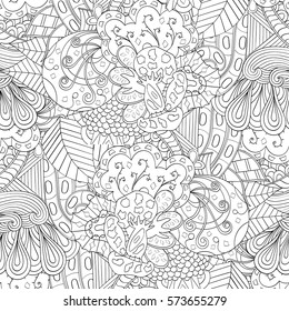 Tracery seamless calming pattern. Mehndi design. Ethnic monochrome binary doodle texture. Curved doodling black and white background. Vector.