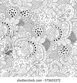 Tracery seamless calming pattern. Mehndi design. Ethnic monochrome binary doodle texture. Curved doodling black and white background. Vector.