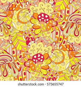 Tracery seamless calming pattern. Mehndi design. Ethnic colorful doodle texture. Curved doodling background. Vector.