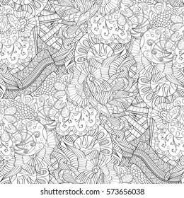 Tracery seamless calming pattern. Mehndi design. Ethnic monochrome binary doodle texture. Curved doodling black and white background. Vector.