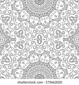 Tracery seamless calming pattern. Mehndi design. Ethnic monochrome binary doodle texture. Curved doodling black and white background. Vector.