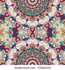 Tracery seamless calming pattern. Mehndi design. Ethnic colorful doodle texture. Curved doodling background. Vector.