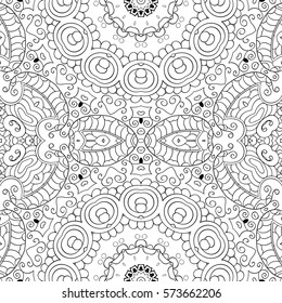 Tracery seamless calming pattern. Mehndi design. Ethnic monochrome binary doodle texture. Curved doodling black and white background. Vector.