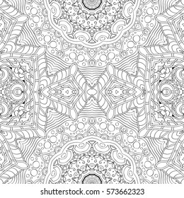Tracery seamless calming pattern. Mehndi design. Ethnic monochrome binary doodle texture. Curved doodling black and white background. Vector.