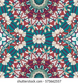 Tracery seamless calming pattern. Mehndi design. Ethnic colorful doodle texture. Curved doodling background. Vector.