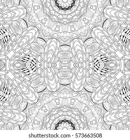 Tracery seamless calming pattern. Mehndi design. Ethnic monochrome binary doodle texture. Curved doodling black and white background. Vector.