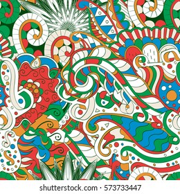 Tracery seamless calming pattern. Mehndi design. Ethnic colorful doodle texture. Curved doodling background. Vector.