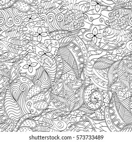 Tracery seamless calming pattern. Mehndi design. Ethnic monochrome binary doodle texture. Curved doodling black and white background. Vector.