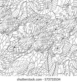 Tracery seamless calming pattern. Mehndi design. Ethnic monochrome binary doodle texture. Curved doodling black and white background. Vector.