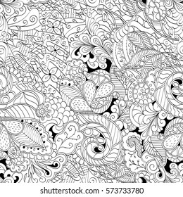 Tracery seamless calming pattern. Mehndi design. Ethnic monochrome binary doodle texture. Curved doodling black and white background. Vector.