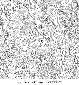 Tracery seamless calming pattern. Mehndi design. Ethnic monochrome binary doodle texture. Curved doodling black and white background. Vector.