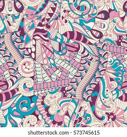 Tracery seamless calming pattern. Mehndi design. Ethnic colorful doodle texture. Curved doodling background. Vector.
