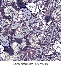 Tracery seamless calming pattern. Mehndi design. Ethnic colorful doodle texture. Curved doodling background. Vector.