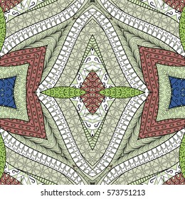 Tracery seamless calming pattern. Mehndi design. Ethnic colorful doodle texture. Curved doodling background. Vector.