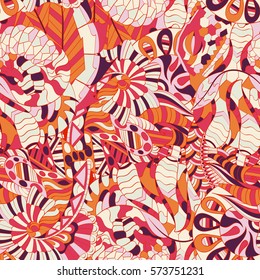 Tracery seamless calming pattern. Mehndi design. Ethnic colorful doodle texture. Curved doodling background. Vector.
