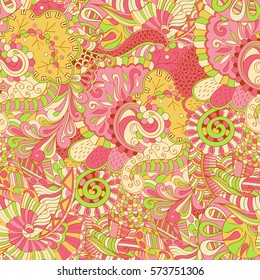 Tracery seamless calming pattern. Mehndi design. Ethnic colorful doodle texture. Curved doodling background. Vector.
