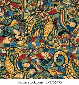 Tracery seamless calming pattern. Mehndi design. Ethnic colorful doodle texture. Curved doodling background. Vector.