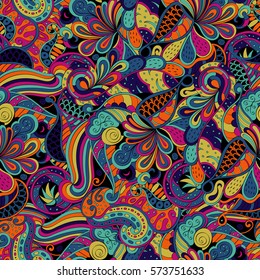 Tracery seamless calming pattern. Mehndi design. Ethnic colorful doodle texture. Curved doodling background. Vector.