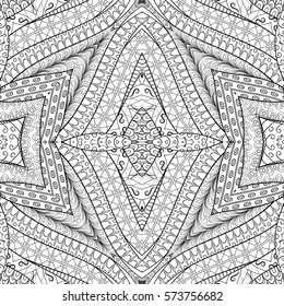 Tracery seamless calming pattern. Mehndi design. Ethnic monochrome binary doodle texture. Curved doodling black and white background. Vector.