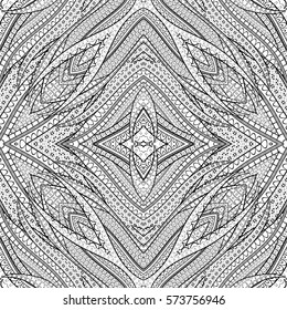 Tracery seamless calming pattern. Mehndi design. Ethnic monochrome binary doodle texture. Curved doodling black and white background. Vector.