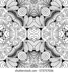 Tracery seamless calming pattern. Mehndi design. Ethnic monochrome binary doodle texture. Curved doodling black and white background. Vector.