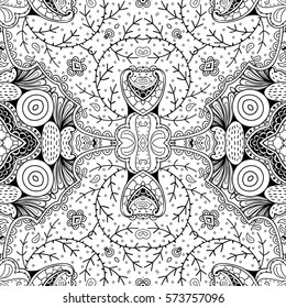 Tracery seamless calming pattern. Mehndi design. Ethnic monochrome binary doodle texture. Curved doodling black and white background. Vector.