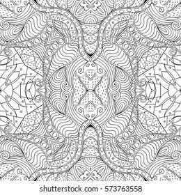 Tracery seamless calming pattern. Mehndi design. Ethnic monochrome binary doodle texture. Curved doodling black and white background. Vector.