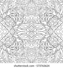 Tracery seamless calming pattern. Mehndi design. Ethnic monochrome binary doodle texture. Curved doodling black and white background. Vector.
