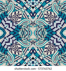 Tracery seamless calming pattern. Mehndi design. Ethnic colorful doodle texture. Curved doodling background. Vector.