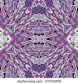 Tracery seamless calming pattern. Mehndi design. Ethnic colorful doodle texture. Curved doodling background. Vector.