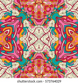 Tracery seamless calming pattern. Mehndi design. Ethnic colorful doodle texture. Curved doodling background. Vector.