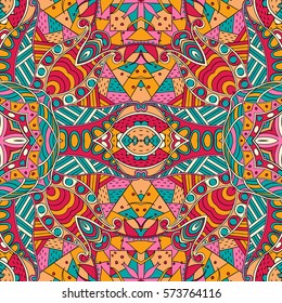 Tracery seamless calming pattern. Mehndi design. Ethnic colorful doodle texture. Curved doodling background. Vector.