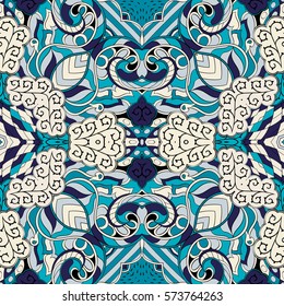 Tracery seamless calming pattern. Mehndi design. Ethnic colorful doodle texture. Curved doodling background. Vector.