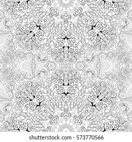 Tracery seamless calming pattern. Mehndi design. Ethnic monochrome binary doodle texture. Curved doodling black and white background. Vector.