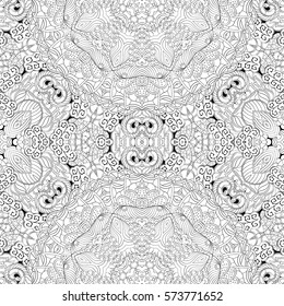 Tracery seamless calming pattern. Mehndi design. Ethnic monochrome binary doodle texture. Curved doodling black and white background. Vector.