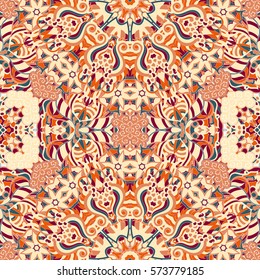 Tracery seamless calming pattern. Mehndi design. Ethnic colorful doodle texture. Curved doodling background. Vector.