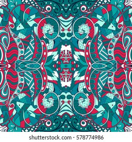 Tracery seamless calming pattern. Mehndi design. Ethnic colorful doodle texture. Curved doodling background. Vector.