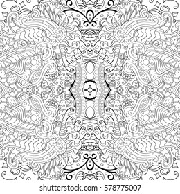 Tracery seamless calming pattern. Mehndi design. Ethnic monochrome binary doodle texture. Curved doodling black and white background. Vector.