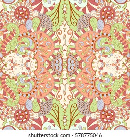Tracery seamless calming pattern. Mehndi design. Ethnic colorful doodle texture. Curved doodling background. Vector.