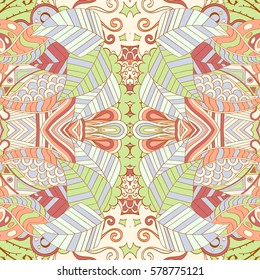 Tracery seamless calming pattern. Mehndi design. Ethnic colorful doodle texture. Curved doodling background. Vector.