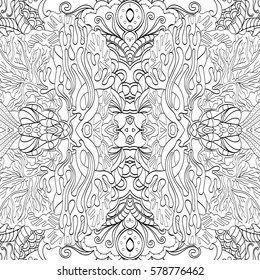 Tracery seamless calming pattern. Mehndi design. Ethnic monochrome binary doodle texture. Curved doodling black and white background. Vector.